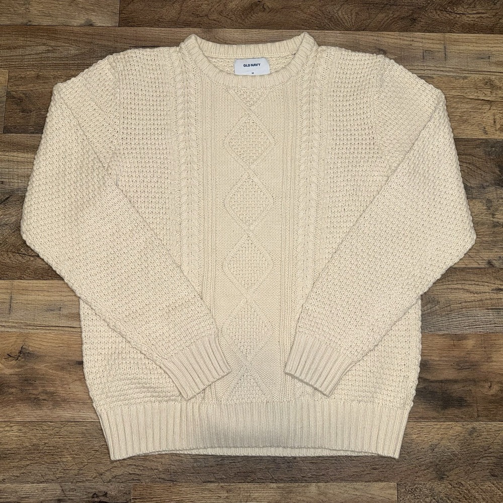 Old Navy Cozy Cable-Knit Cotton Sweater Size M Fisherman Wishbone Beige